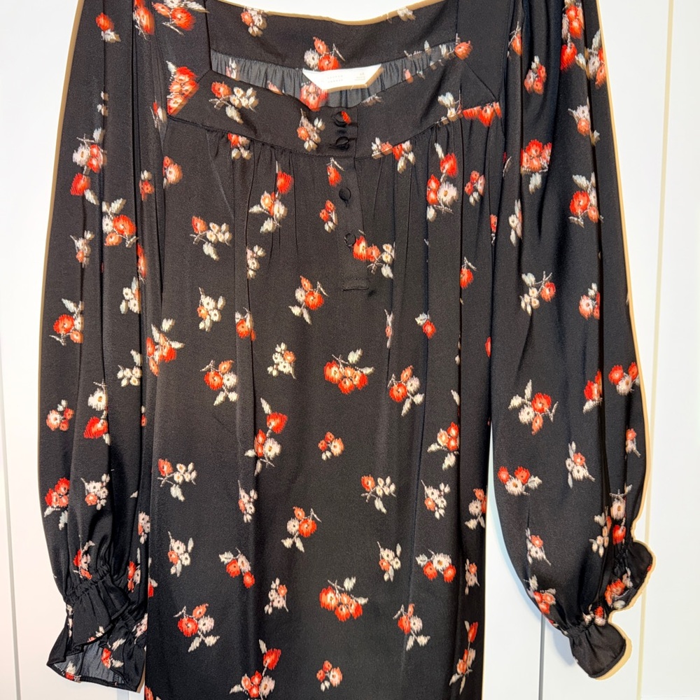 LC Lauren Conrad Black Blouse with Red Floral Design